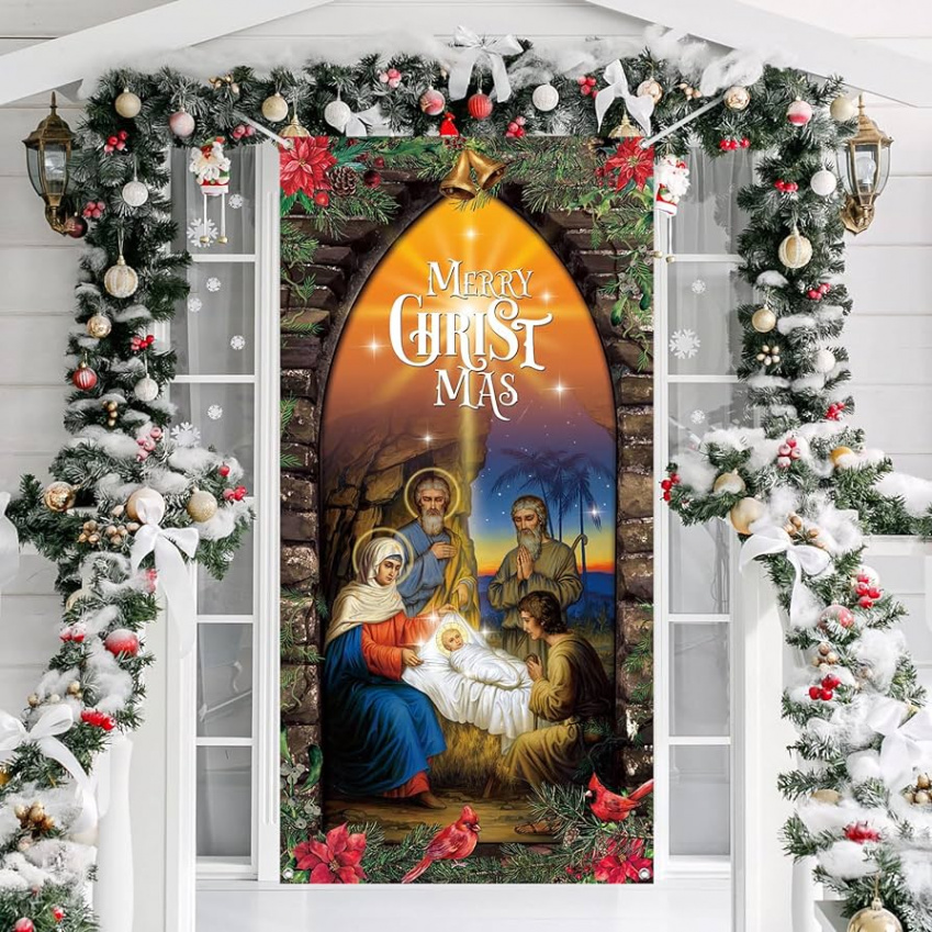 Tatuo Christmas Decoration Outdoor Christmas Religious Door Cover Holy  Nativity Front Door Hanging Backdrop Christmas Photography Background for