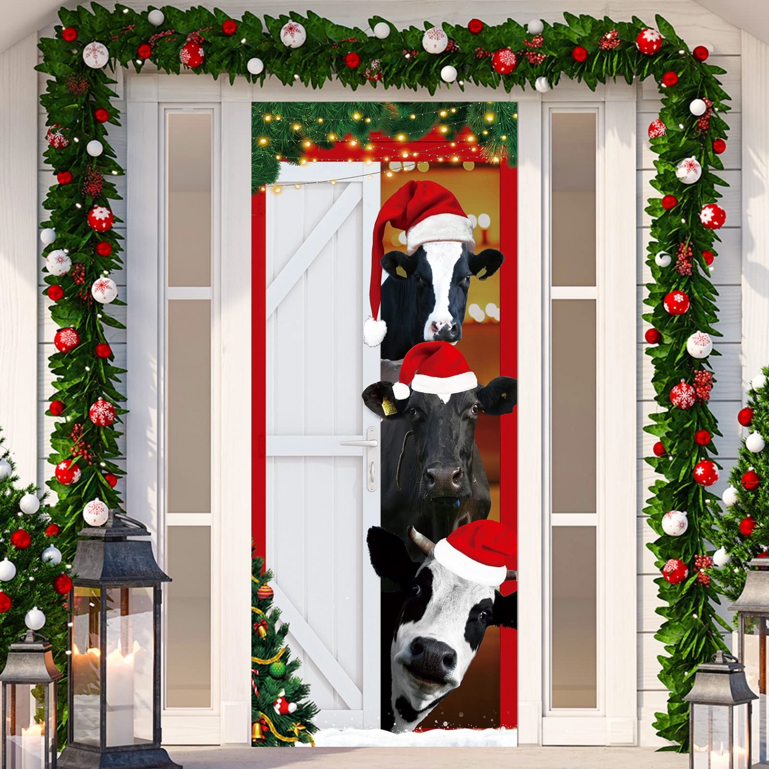 Tatuo Christmas Door Cover Decoration Funny Cow Door Banner Christmas Door  Hanging Banner Decorative Photography Background for Classroom Porch Front