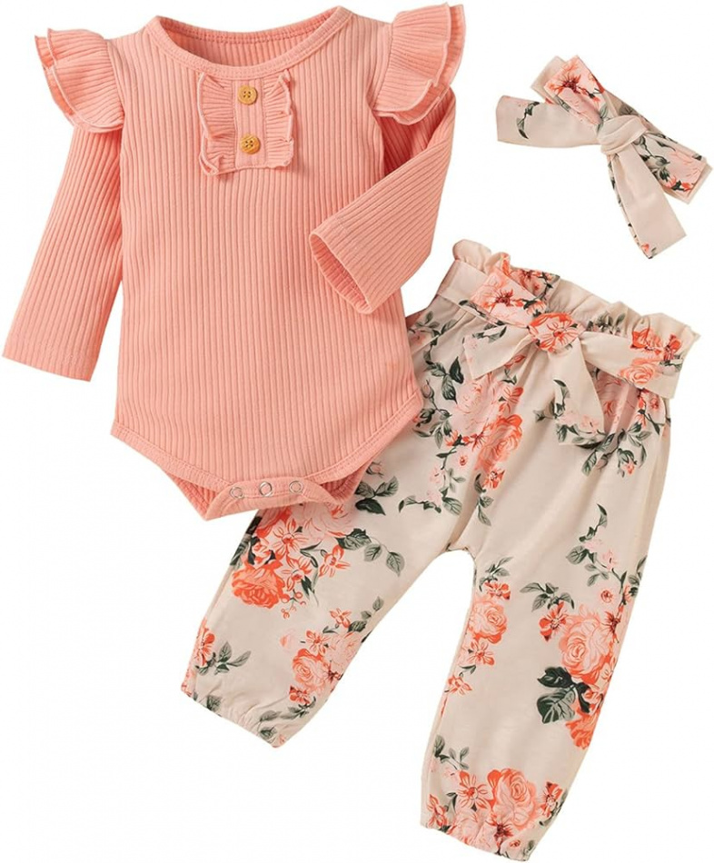 TT- Baby Girl Clothing Set (- Months) Newborn Baby Clothing Outfits  Ruffle Long Sleeve Romper Tops + Flower Trousers + Bow Headband Baby Set