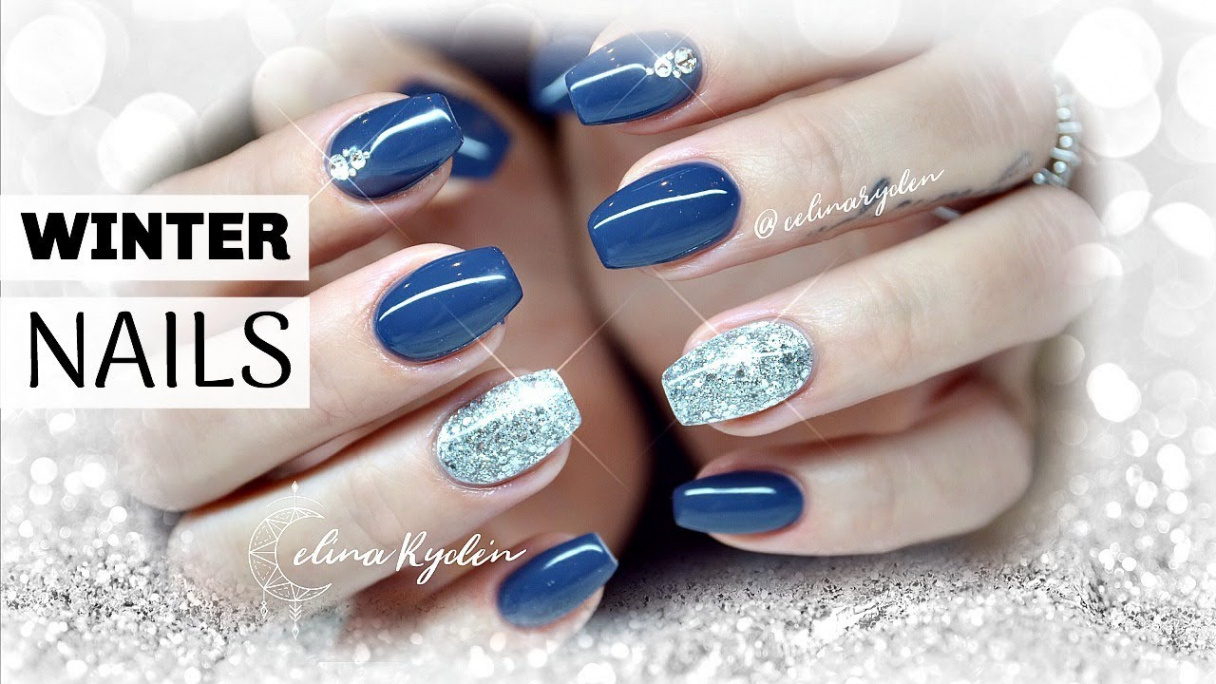 TUTORIAL  WINTER NAILS GEL OVERLAY - BLUE AND SILVER GLITTER  SHORT  COFFIN / BALLERINA