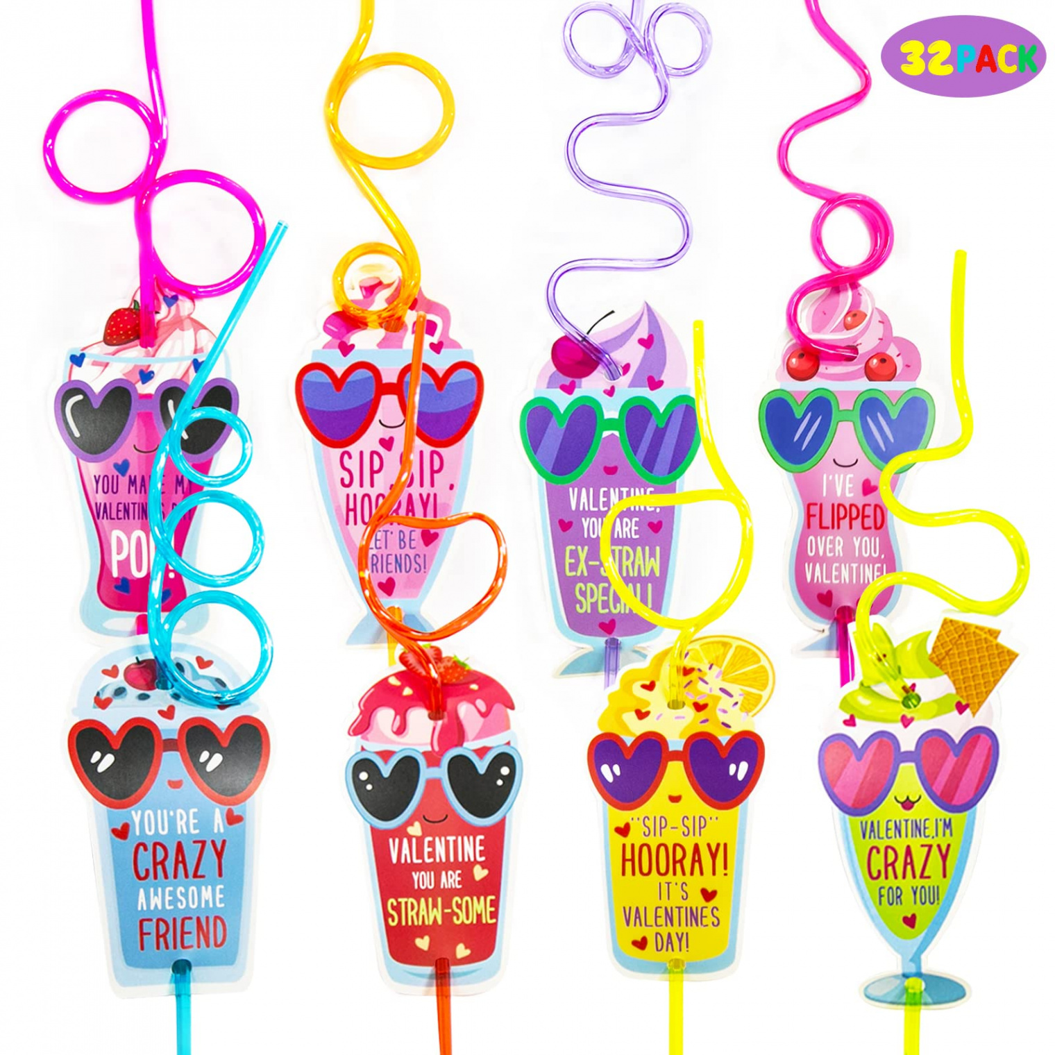 Valentines Day Gifts for Kids - Valentines Day Cards for kids - Set of   Crazy Straws Bulk - Valentine Exchange Cards for Girls Boys Toddlers School