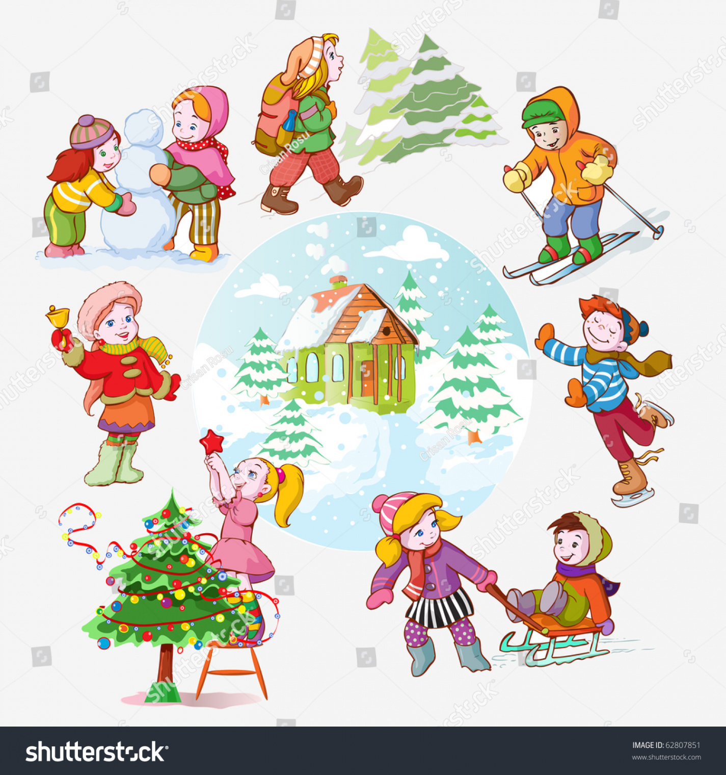 Vector Illustration Kids Favorite Winter Activities Stock Vector