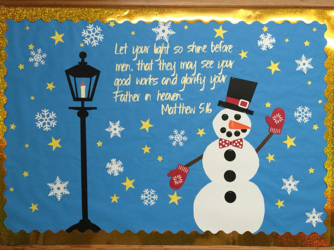 Winter church bulletin board. Snowman bulletin board