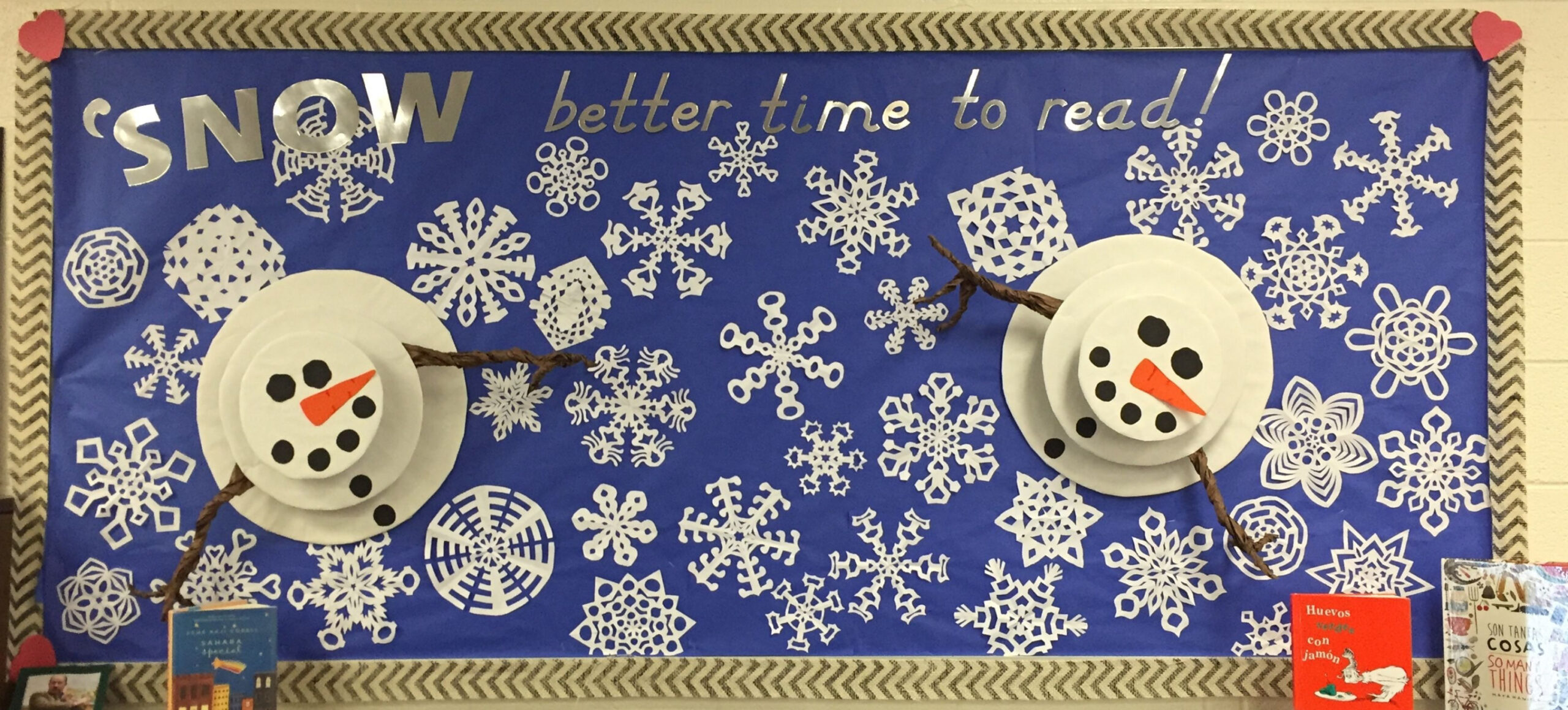 Winter library bulletin board complete! Snowmen are made of paper