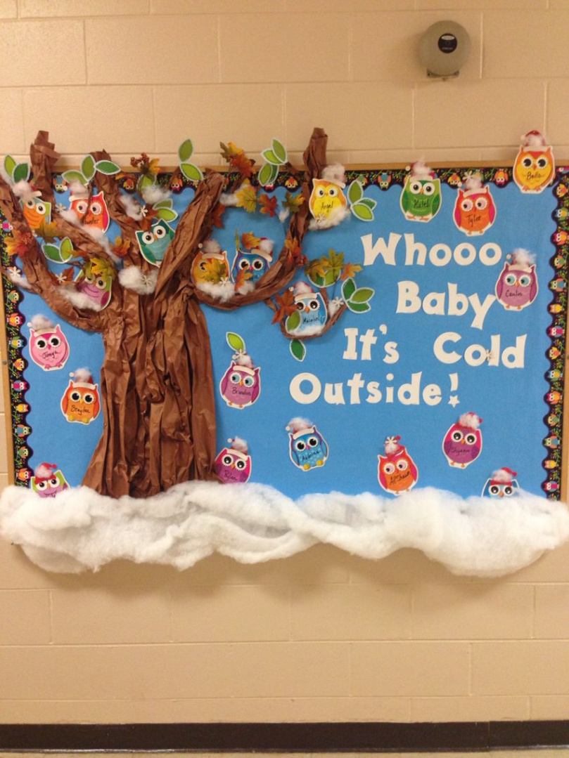 Winter owl theme bulletin board  Owl bulletin boards, Owl