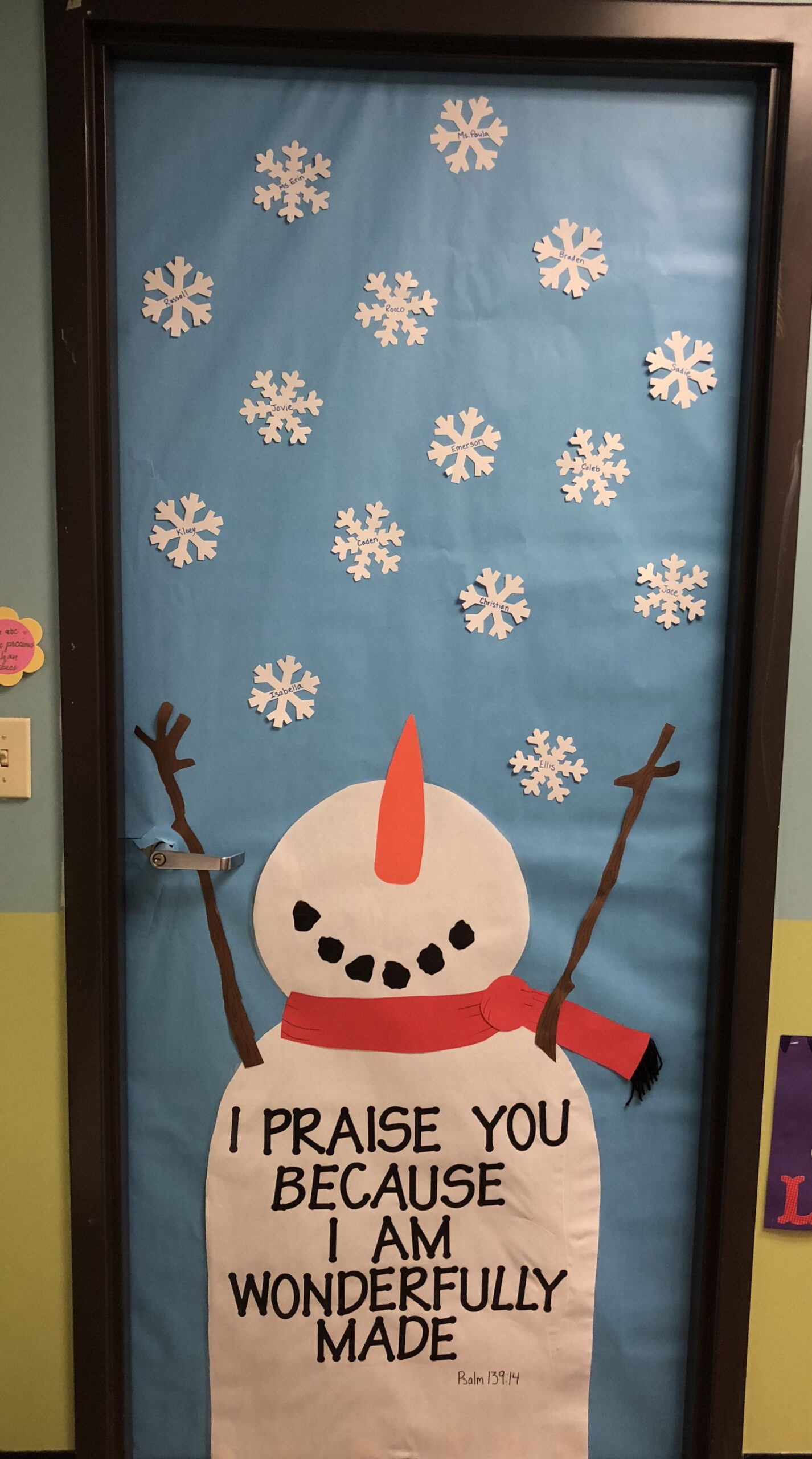 Winter preschool door, snowman door, I praise you snowman, class