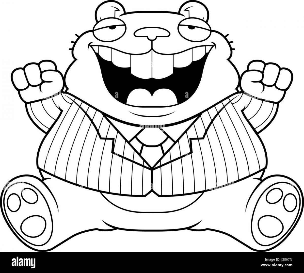 A cartoon illustration of a fat hamster in a suit smiling and