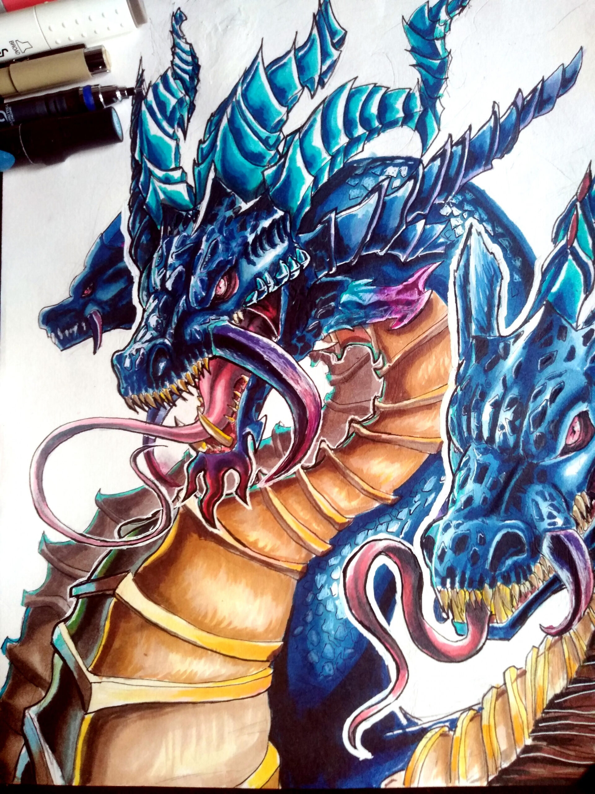 A detailed drawing of a three-headed dragon  Dragones, Dragón de