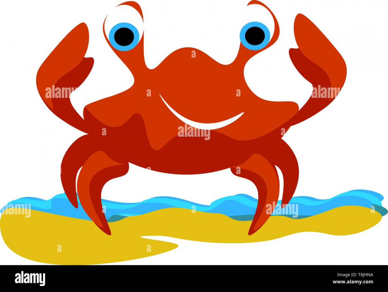 A happy red crab on a water, with big eyes and big smile, vector