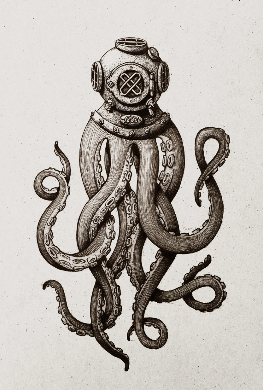 art & stuff — An ink drawing of a diver squid I did. With a