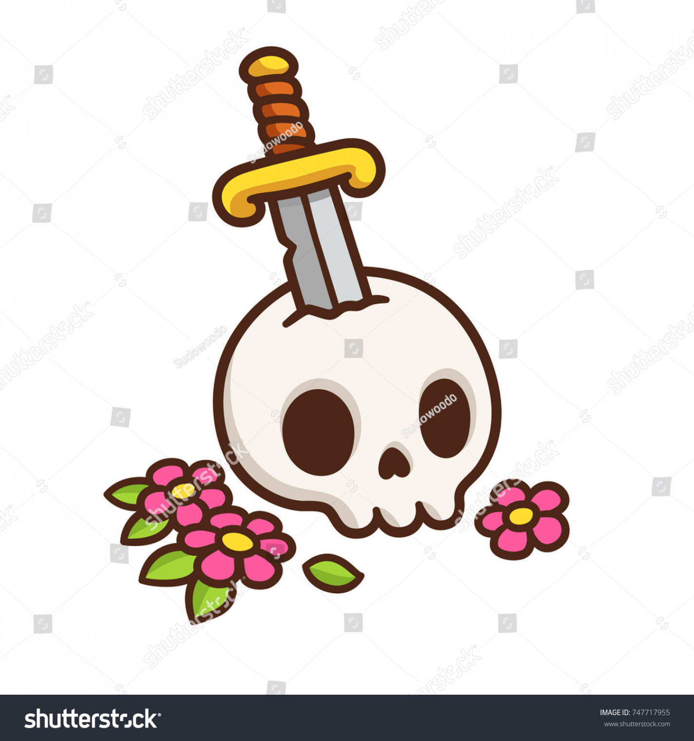 Cartoon Skull Drawing Sword Flowers Cute Stock Vector (Royalty