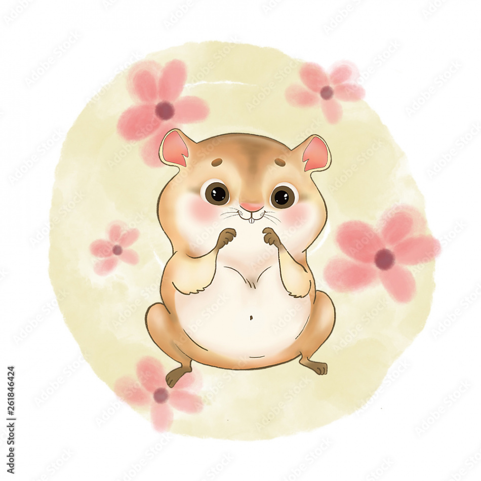 digital drawing of a cute hamster on a background with flowers