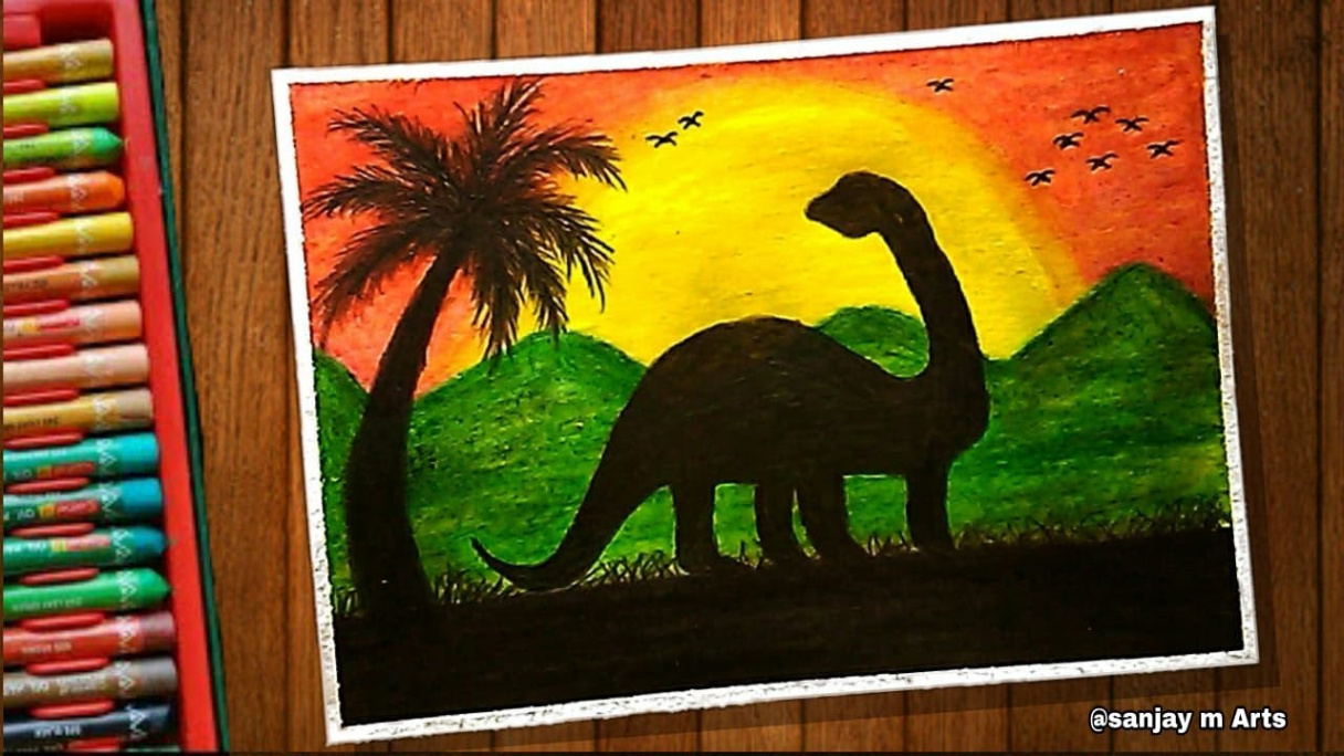 Dinosaur Early Morning Scenery Drawing with Oil Pastels - Step by Step Very  Easy Tutorial