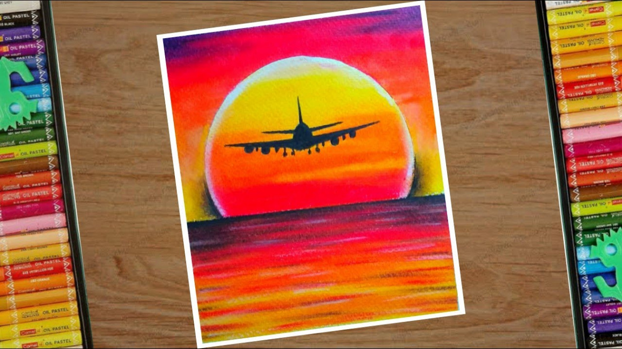 Drawing Airplane ✈️beautiful sunset scenary for beginners  step by step   oil pastel