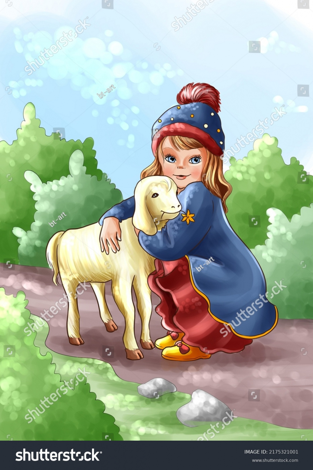 Drawing Cute Girl Hugging White Sheep Stock Illustration