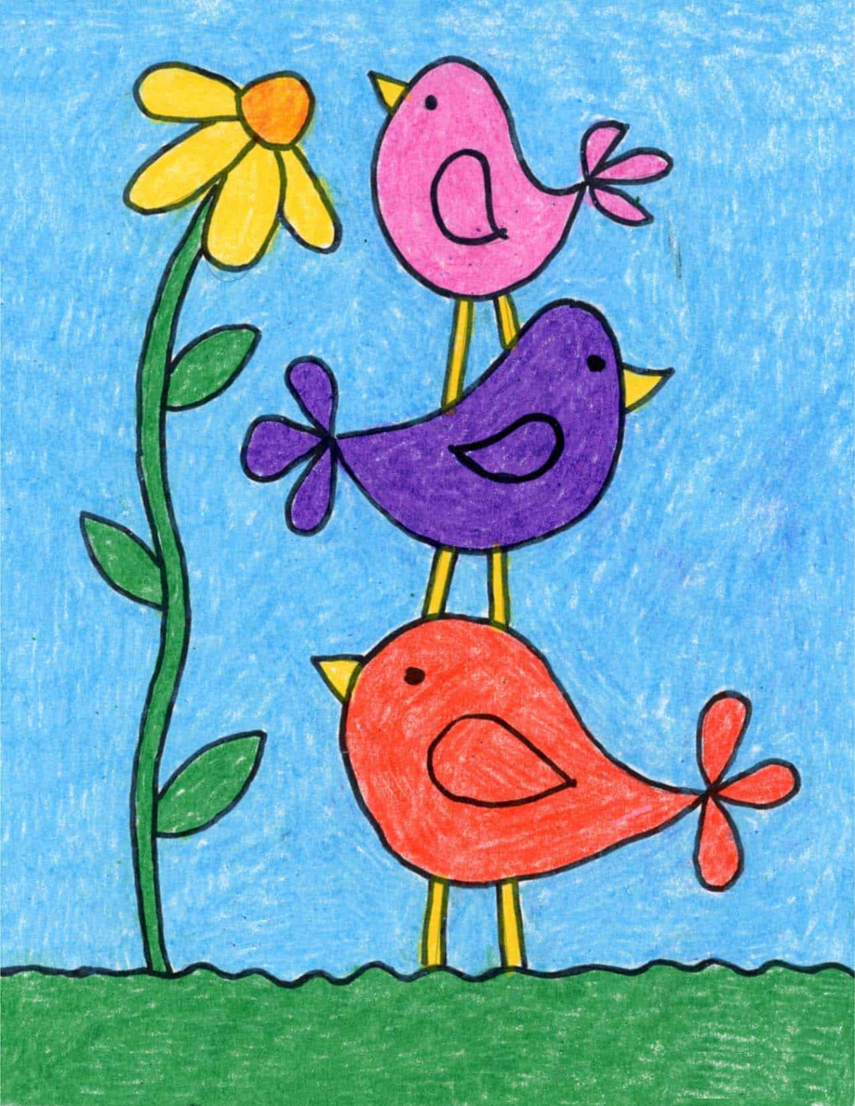 Easy How to Draw Simple Birds Tutorial Video and Coloring Page