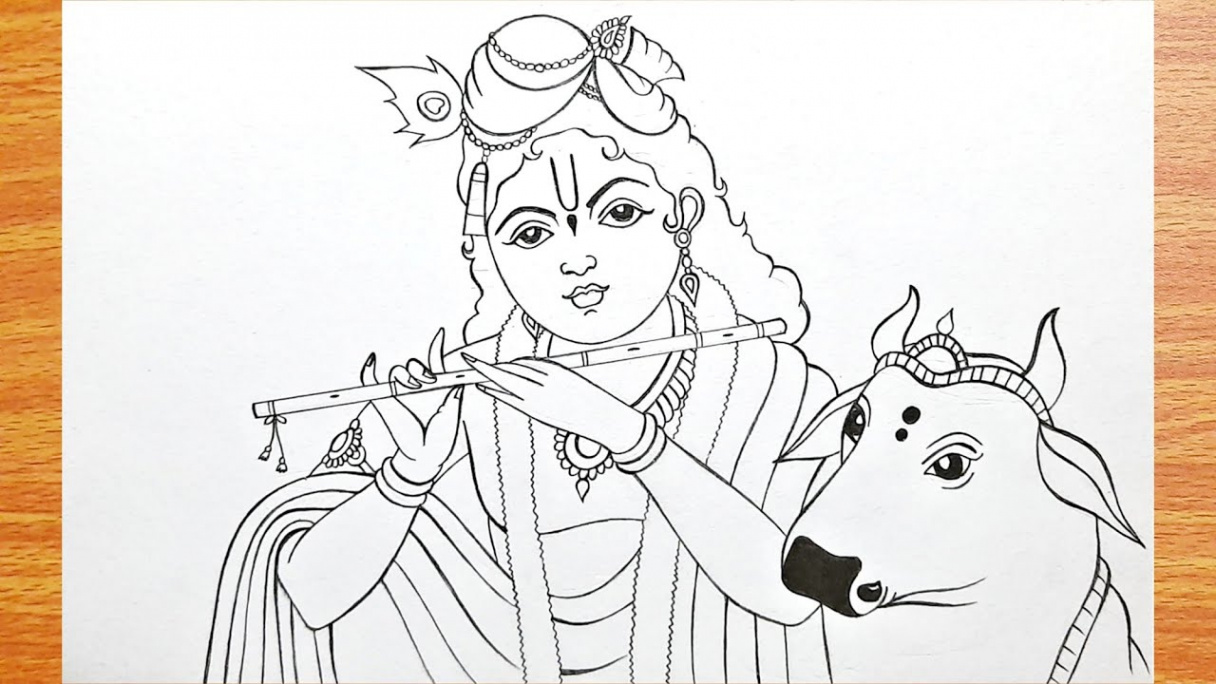 Easy Krishna Drawing with Cow  How to Draw Lord Krishna - Step by Step