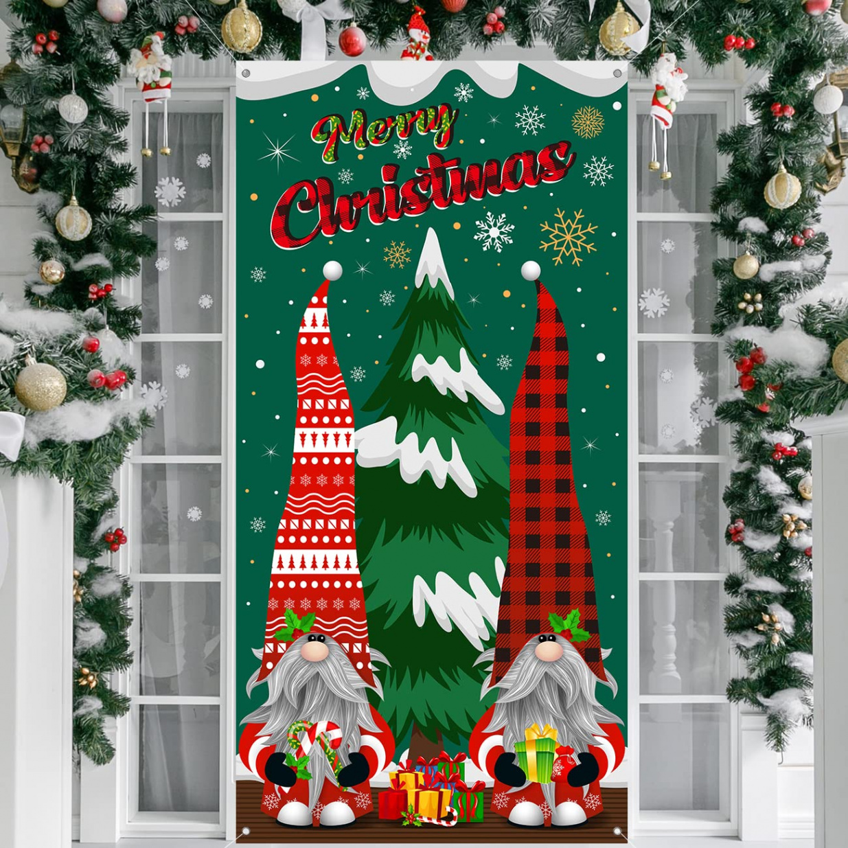 Gnome Christmas Door Cover Christmas Door Decorations Gnome Christmas  Backdrop Hanging Front Door Background Merry Christmas Banner Xmas Eve  Holiday