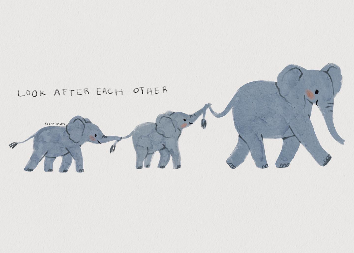 Gouache illustration of  baby elephants holding the tail of their