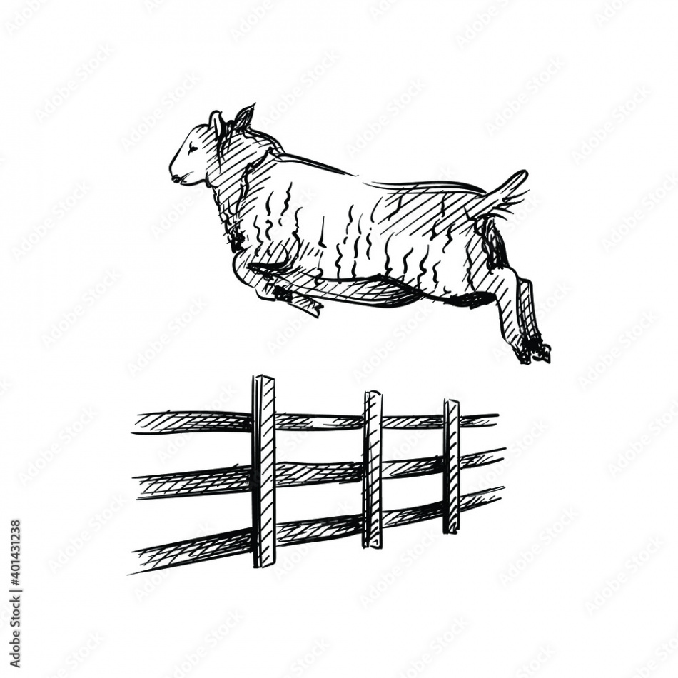 Hand drawn sketch of sheep jumping over the fence on a white