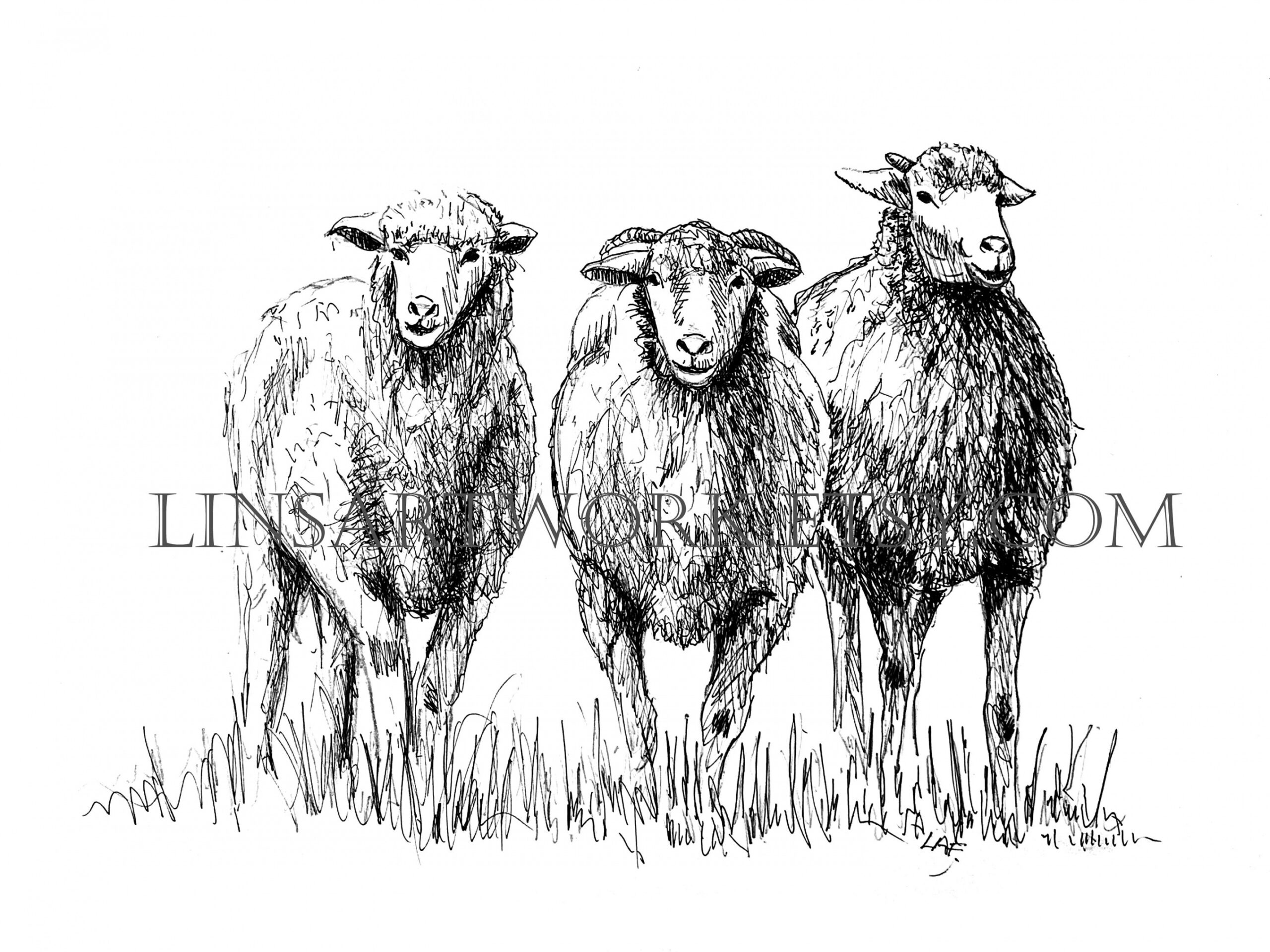 Herunterladbare  Sheep Print, Sheep print, Pen and Ink Digitaldrucke,  schwarz-weiß Schafe drucken