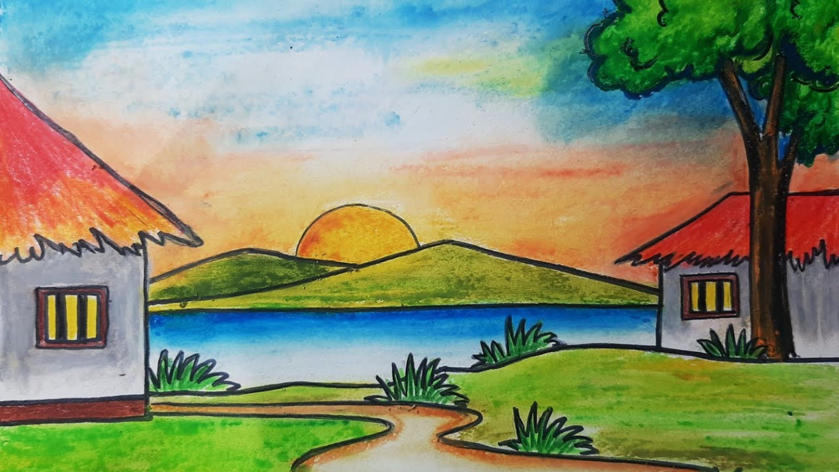 How to draw sunset scenery with oil pastel / Easy village scenery drawing