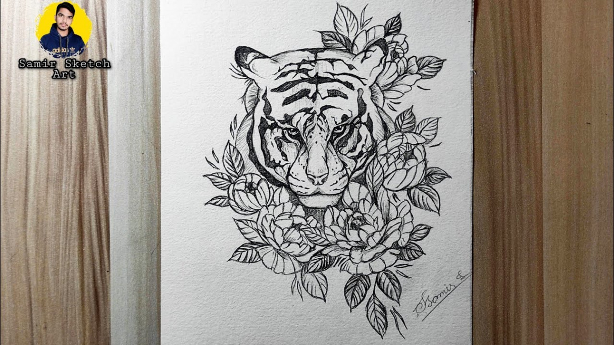 How to draw Tiger face & flowers with pencil