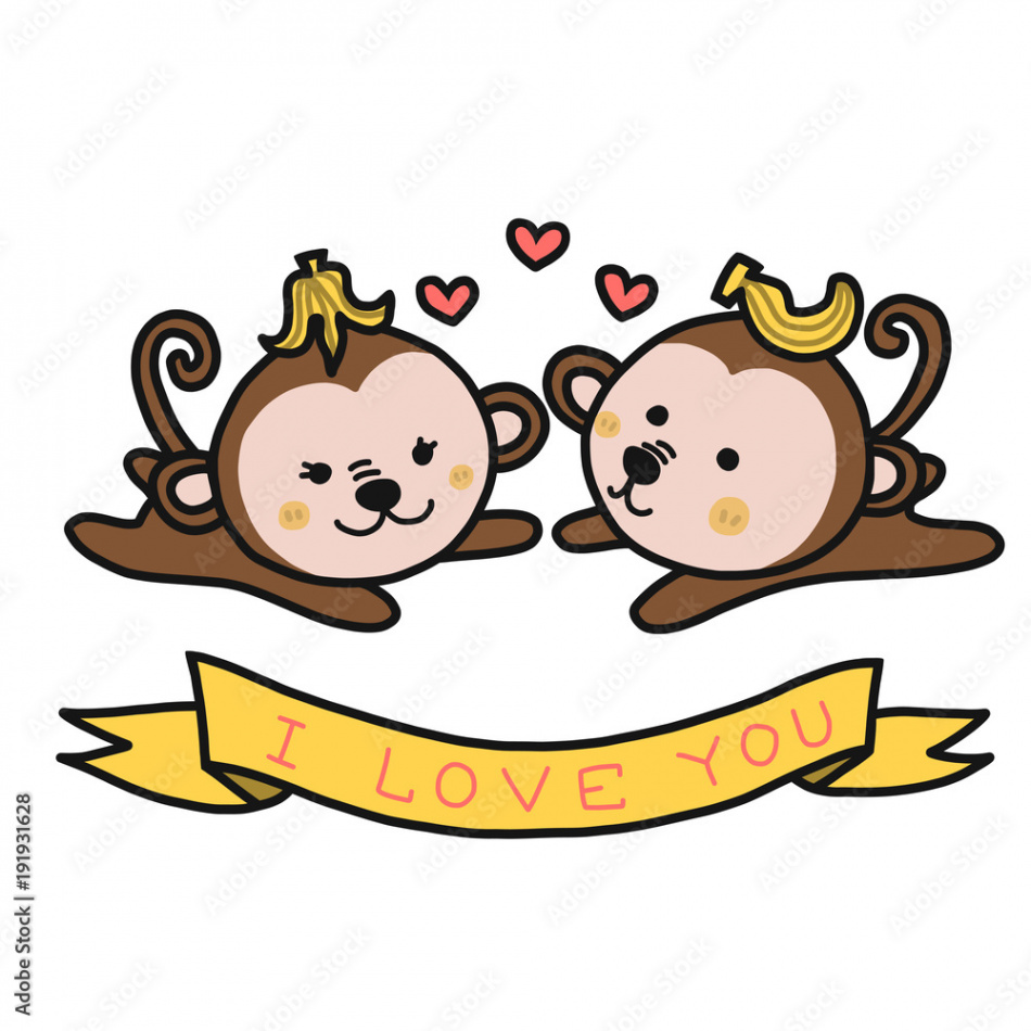 I love you monkey couple cartoon vector illustration doodle style