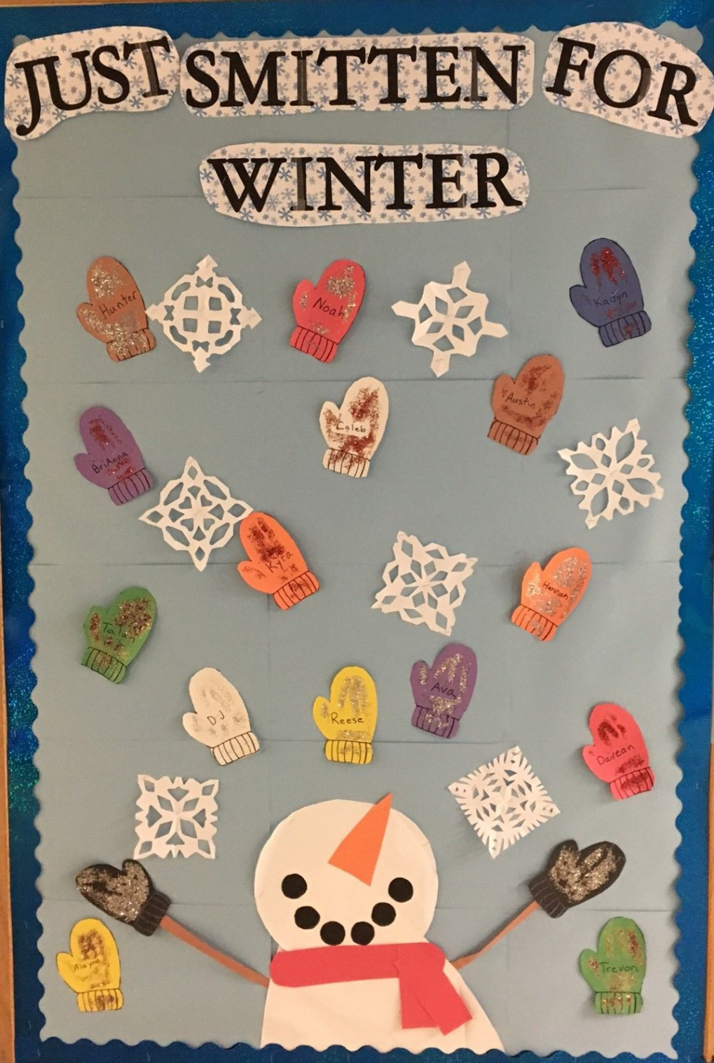 Just Smitten for Winter bulletin board with a snowman enjoying his