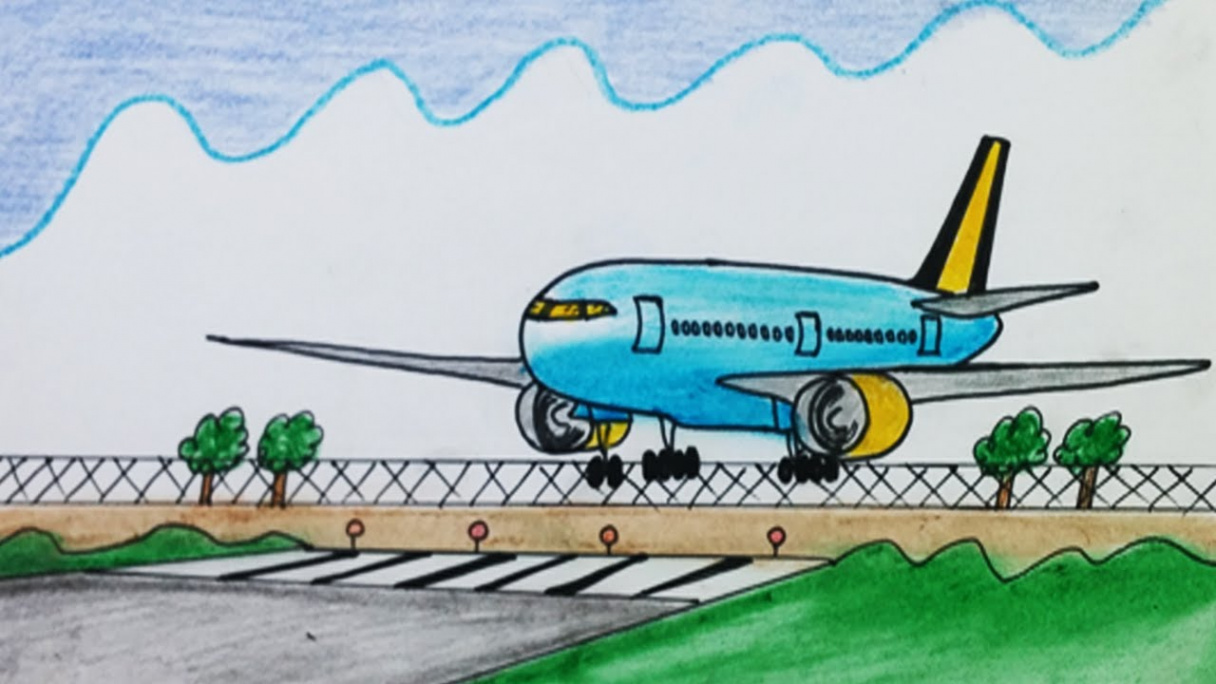 Landing plane drawing easy and simple scenery Boeing  plane drawing  step by step