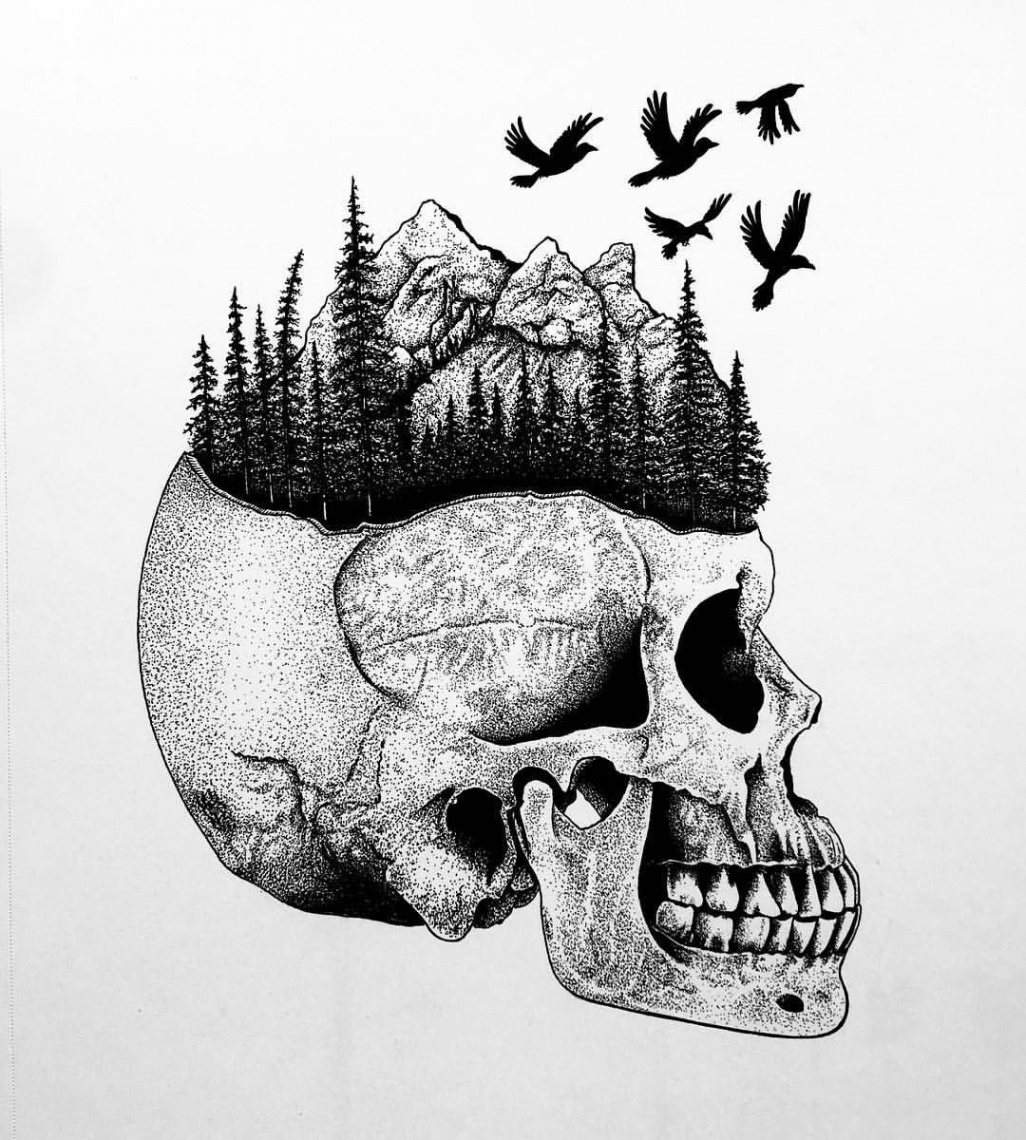 Little skull with some nature stuff drawing, tattoo design