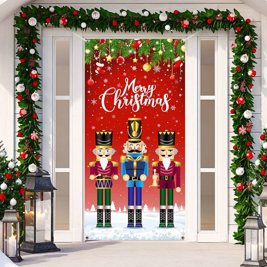 Merry Christmas Door Cover Christmas Fabric Snowflake Nutcracker Background  Door Banner Photography Hanging Decorations for Home Door Winter Party