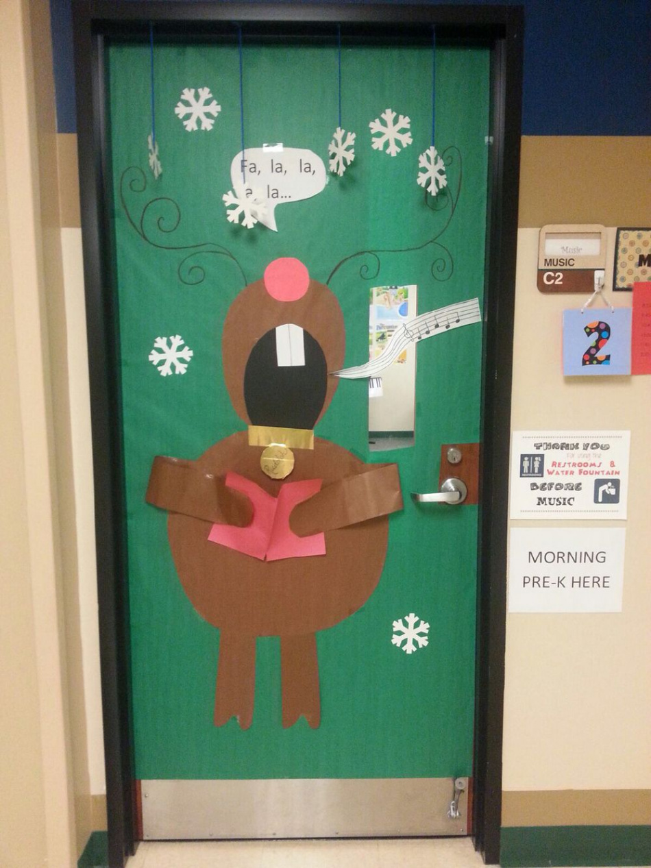 Music room door decorated for Christmas with singing reindeer