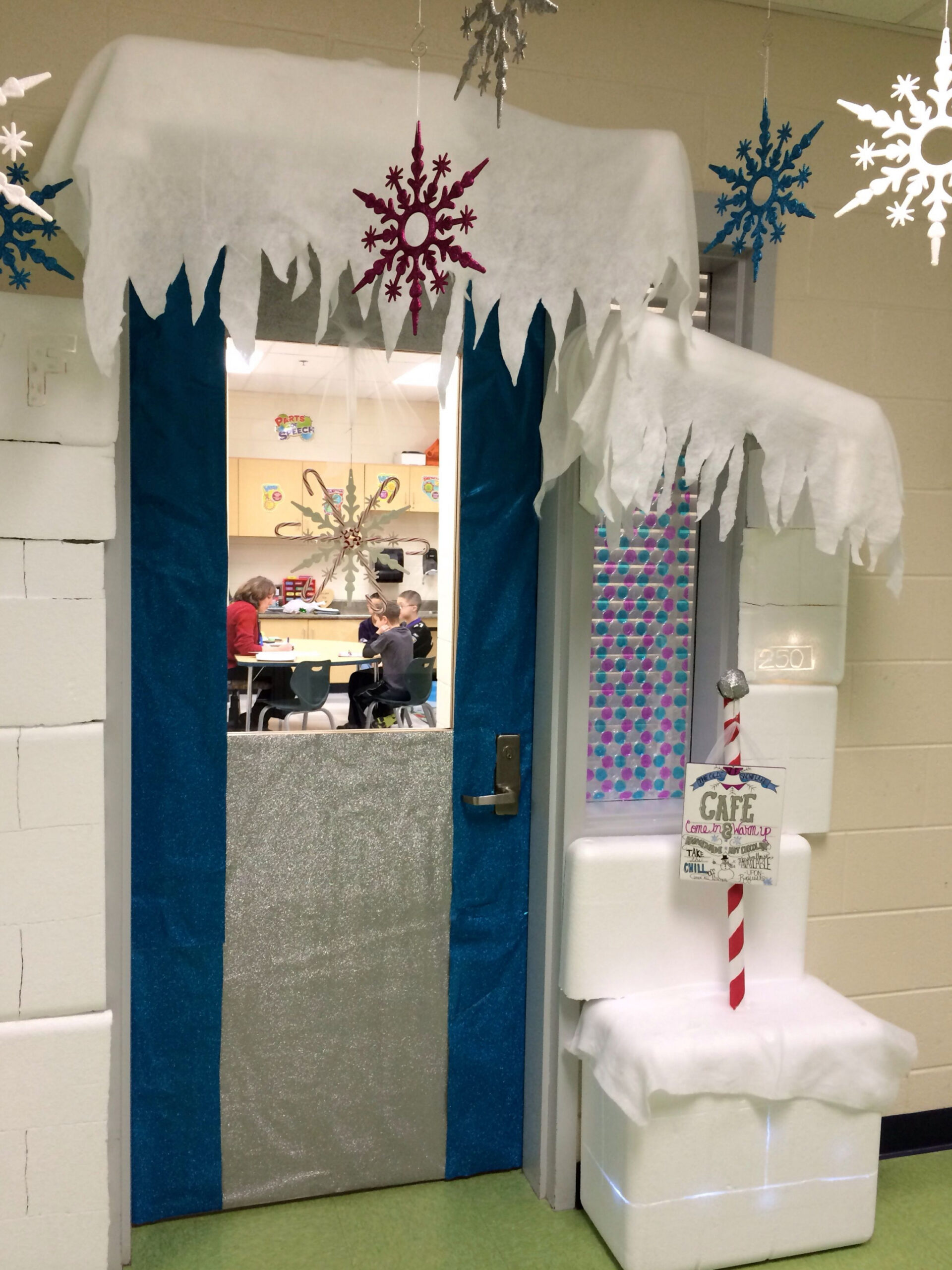 My winter wonderland classroom door ran over to the speech room