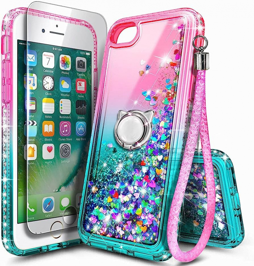 NGB Compatible with iPhone  S   Case iPhone SE  Case with Tempered  Glass Screen Protector Ring Holder Girls Women Kids Liquid Bling Sparkle