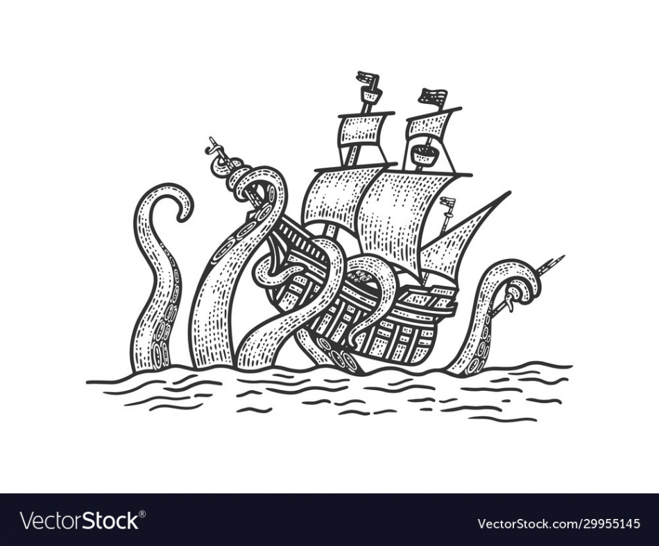 Octopus atteck vintage ship sketch Royalty Free Vector Image