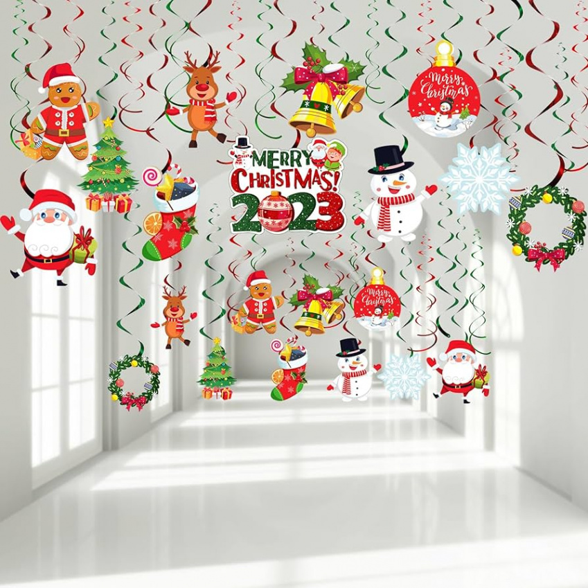 Pieces Christmas Party Hanging Decoration Garland Snowman Elk Sign  Christmas Holiday Blanket Foil Swirl Decoration for Indoor Outdoor Merry