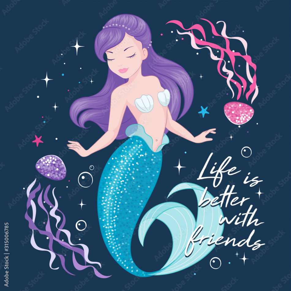 Purple hair mermaid on a dark background