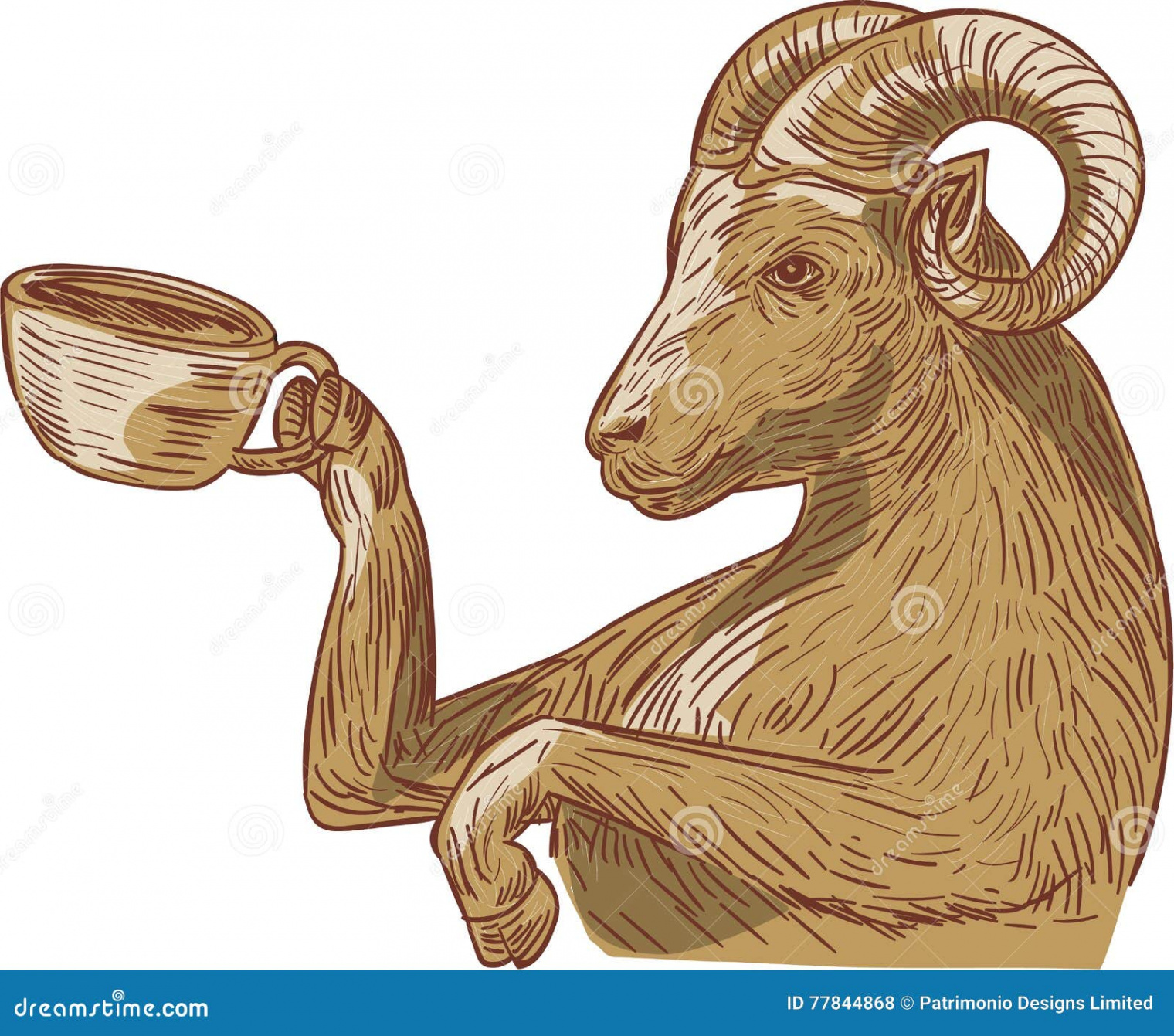 Ram Goat Drinking Coffee Drawing Vektor Abbildung - Illustration