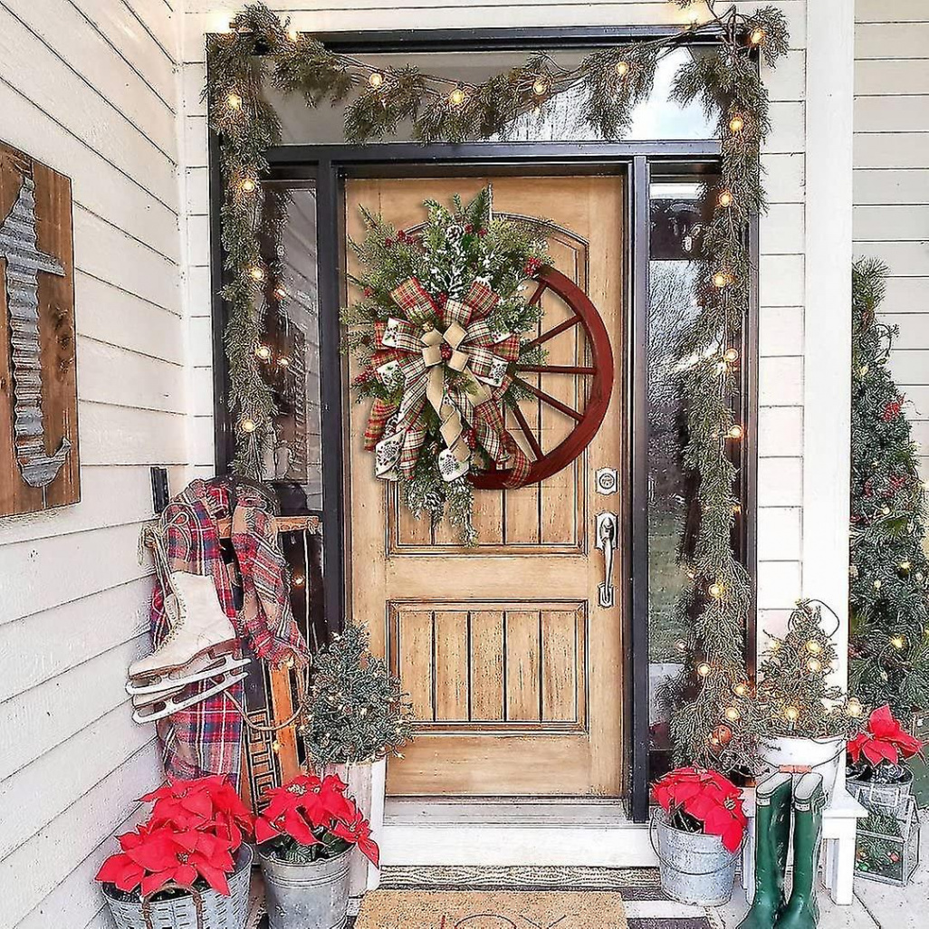 Red Wagon Wheel Wreath With Ribbons Pine Trees Berries  Vintage