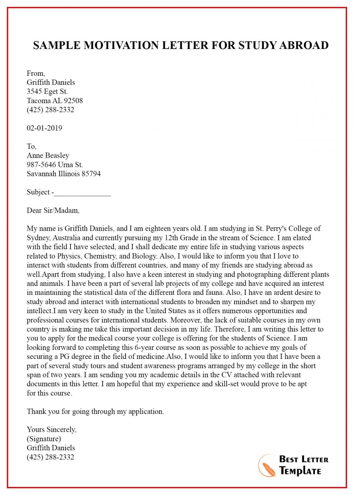 Sample Motivation Letter Template for Study Abroad – PDF & Word