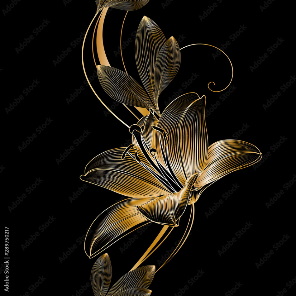 Seamless floral pattern with golden flower lily