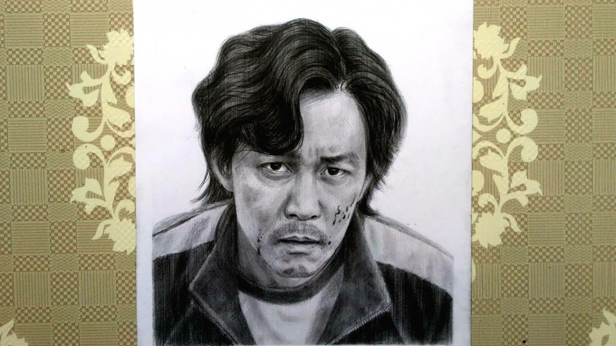 seong gi hun - lee jung jae ( player  ) SQUID GAME  realistic portrait  drawing