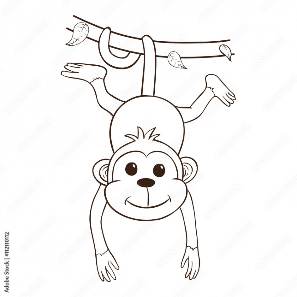 The Monkey Hanging On Green Vines Using Outline Or Line Art Stock