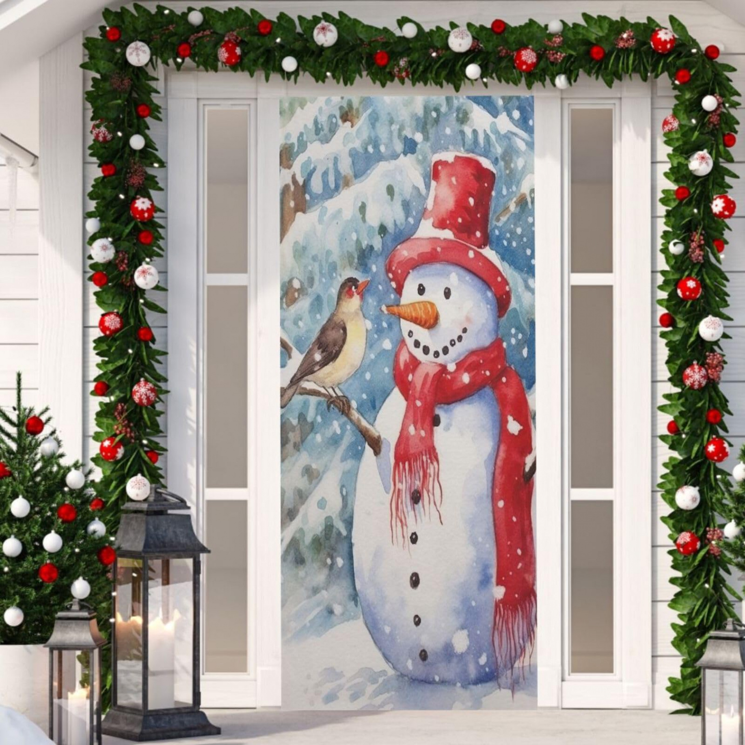 Winter Bird Snowman Christmas Christmas Door Cover Washable High Elastic  Festive Door Cover Removable Fabric Door Covers Decorative for Outdoor  Party