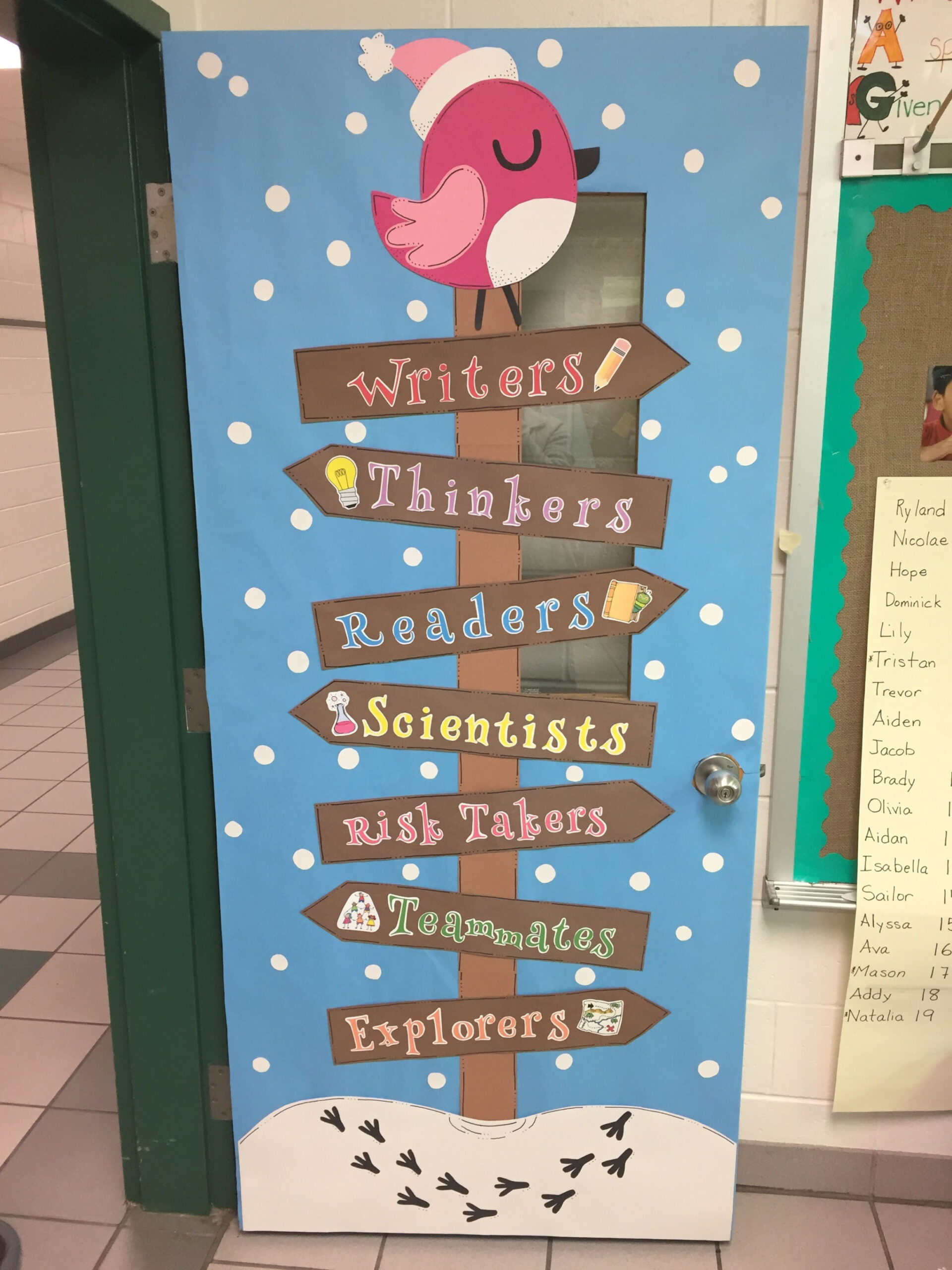 Winter classroom door - January, snow, bird, We are  Christmas