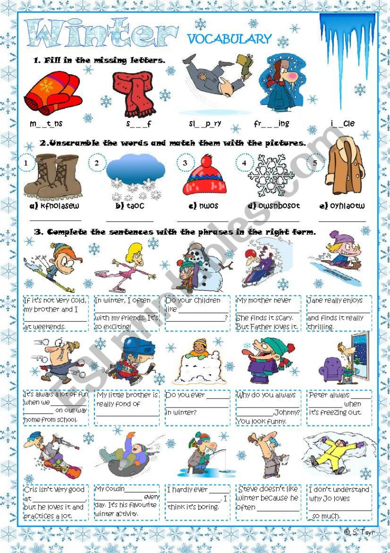 Winter vocabulary exercises - ESL worksheet by tsyr